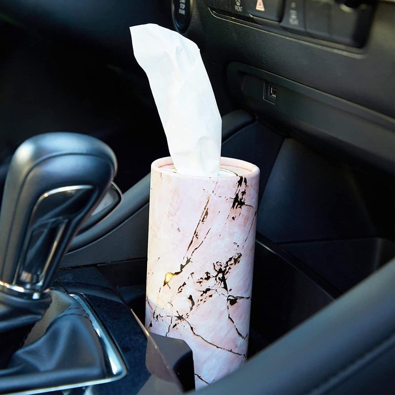 Zodaca 8-Pack Car Tissues Cylinder Boxes - Round Travel Wipes for Car Cup Holder (50 Tissues Per Container, Marble Design) - Image 2